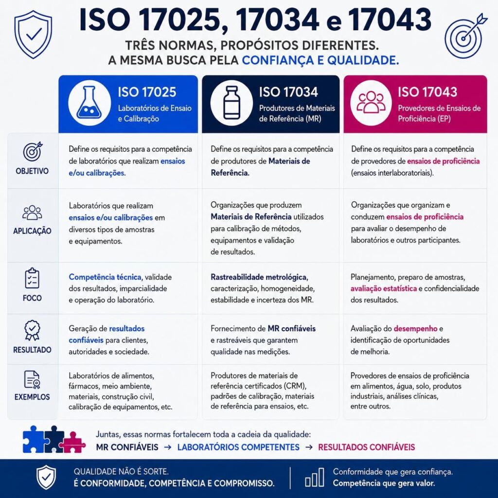 Quadro comparativo entre ISO/IEC 17025, ISO 17034 e ISO/IEC 17043 por objetivo, aplicação, foco, resultado e exemplos